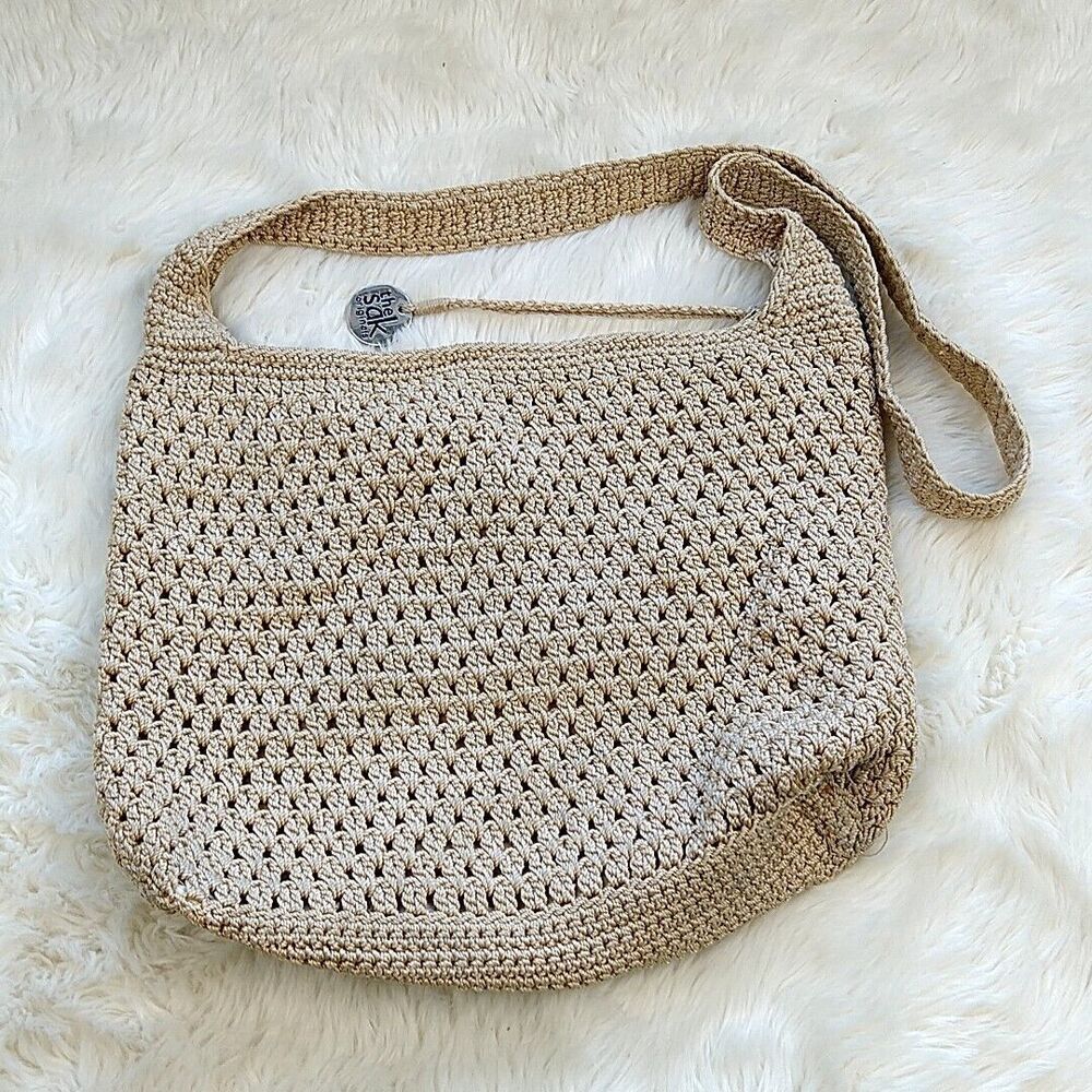 The Sak Womens Shoulder Bag Tan Crochet Zip Pocket Tassel